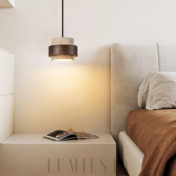 Stonova - Lampa wisząca cylinder z naturalnego trawertynu i drewna, 4 wielkości, skandynawska