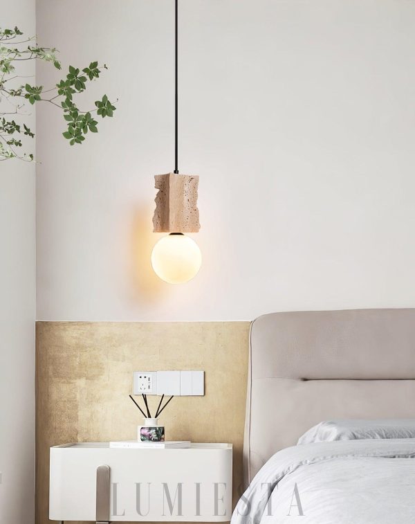 Stylowa lampa wisząca travertyn surowy blok 12x28cm beżowa