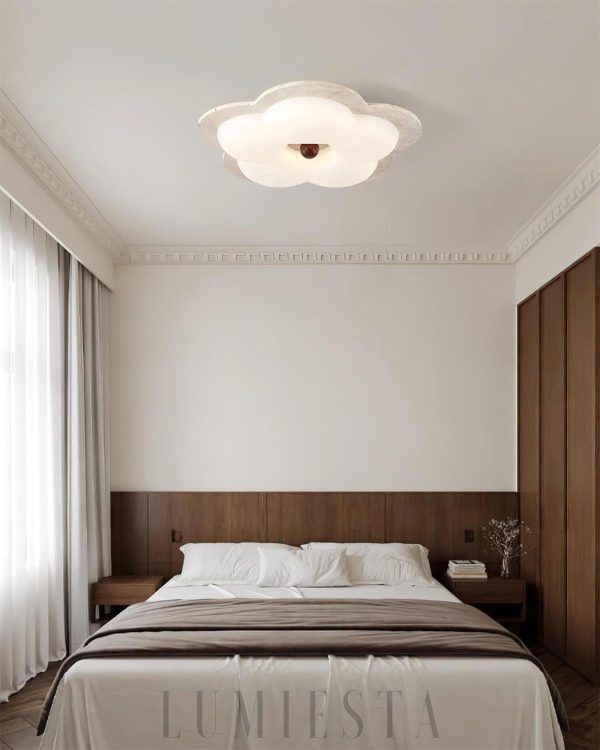 Kwiatowy plafon trawertyn 55cm beżowy ciepłe światło