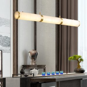 Omera - Cylindryczna lampa wisząca alabastrowa, biało-złota, 100/120/140 cm  - żyrandol nad stół