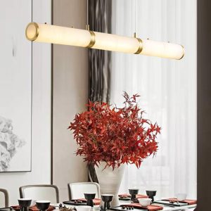 Omera - Cylindryczna lampa wisząca alabastrowa, biało-złota, 100/120/140 cm  - żyrandol nad stół