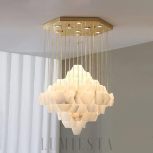 Alabastrowy żyrandol heksagonalny biały lampa wisząca 60cm