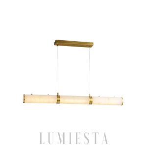 Omera - Cylindryczna lampa wisząca alabastrowa, biało-złota, 100/120/140 cm  - żyrandol nad stół