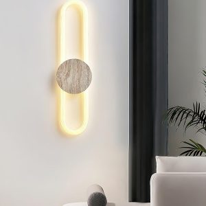 Długi pasek kinkiet trawertynowy LED okrągła baza beżowy