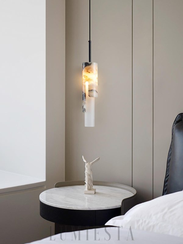 Elegancka wisząca lampa tubowa marmurowa 8x30cm biała