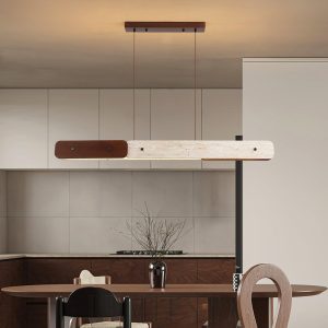 Lampa podłużna z trawertynu i drewna, 120cm, beżowy orzechowy do jadalni