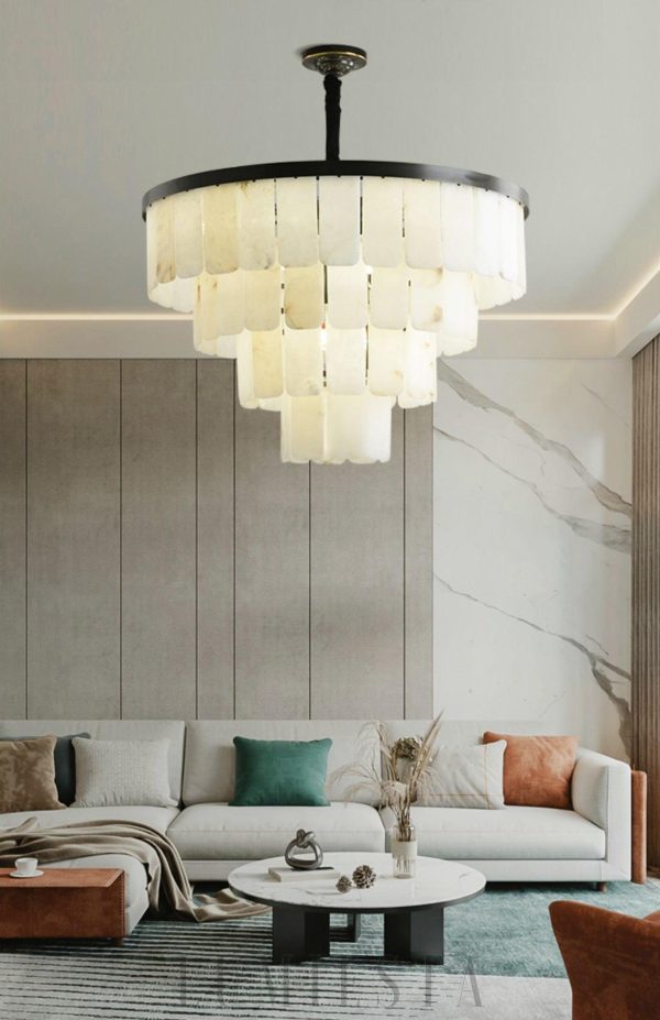 Savile - Alabastrowy żyrandol kaskadowy, śnieżnobiały, Ø 45/60/80/110cm, wielopoziomowy, idealny do salonu