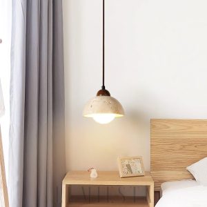 Półokrągła lampa wisząca z travertynu i beżowego szkła